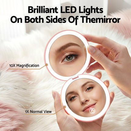 Embellir LED Compact Mirror Lighted Travel Makeup Mirror Pocket-Sized 1x 10x Magnification Round Pink 4