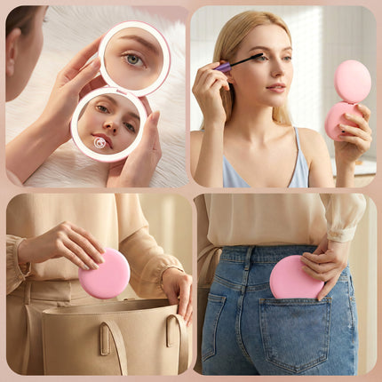 Embellir LED Compact Mirror Lighted Travel Makeup Mirror Pocket-Sized 1x 10x Magnification Round Pink 8