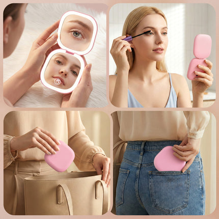 Embellir LED Compact Mirror Lighted Travel Makeup Mirror Pocket-Sized 1x 10x Magnification Square Pink 8