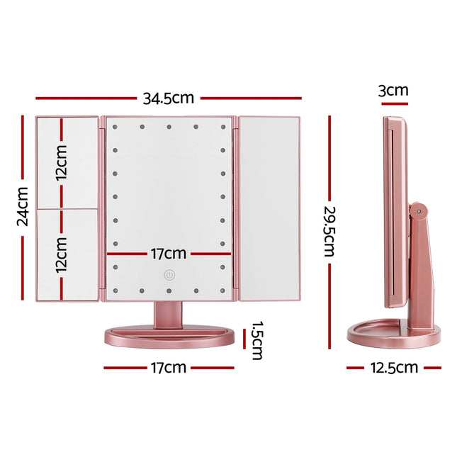 Embellir Tri-fold Makeup Mirror 1X2X3X Magnifying with LED Light Travel Portable Pink 2