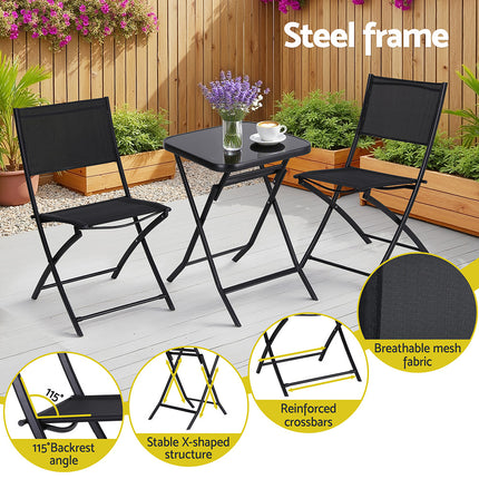 Gardeon Outdoor Bistro Set Folding Table and Chairs Patio Furniture Garden Steel Black 4
