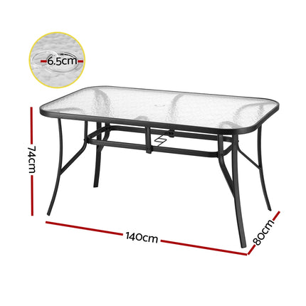 Gardeon 140CM Outdoor Dining Table Steel Frame Tempered Glass Parasol Hole Black 2