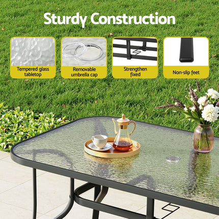 Gardeon 140CM Outdoor Dining Table Steel Frame Tempered Glass Parasol Hole Black 5