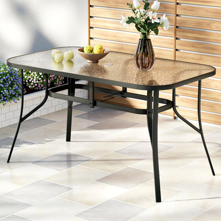 Gardeon 140CM Outdoor Dining Table Steel Frame Tempered Glass Parasol Hole Black 7