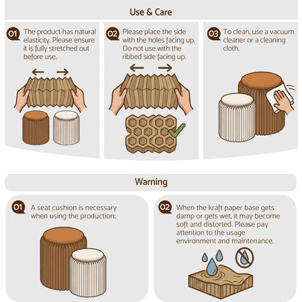 Artiss Accordion Folding Paper Stools Set Includes 2 Cushions Natural Kraft 100KG Capacity 10