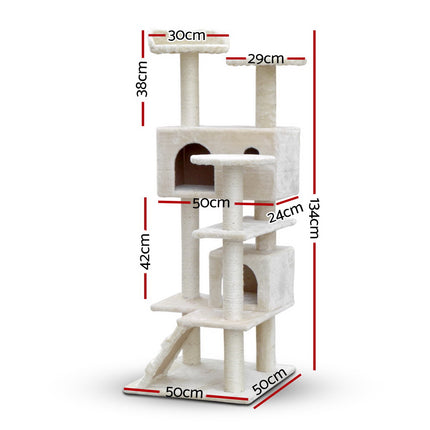 i.Pet Cat Tree 134cm Tower Scratching Post Scratcher Wood Condo House Bed Beige 2