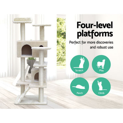 i.Pet Cat Tree 134cm Tower Scratching Post Scratcher Wood Condo House Bed Beige 3