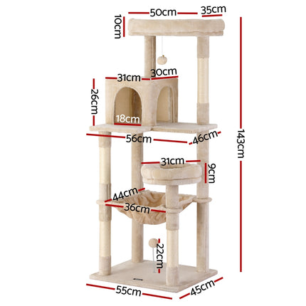 i.Pet Cat Tree 143cm Tower Scratching Post Trees Scratcher Condo House Beige 3