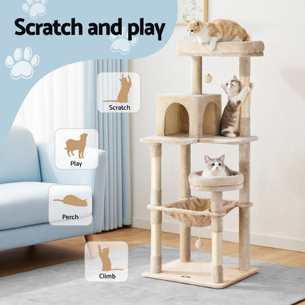 i.Pet Cat Tree 143cm Tower Scratching Post Trees Scratcher Condo House Beige 4