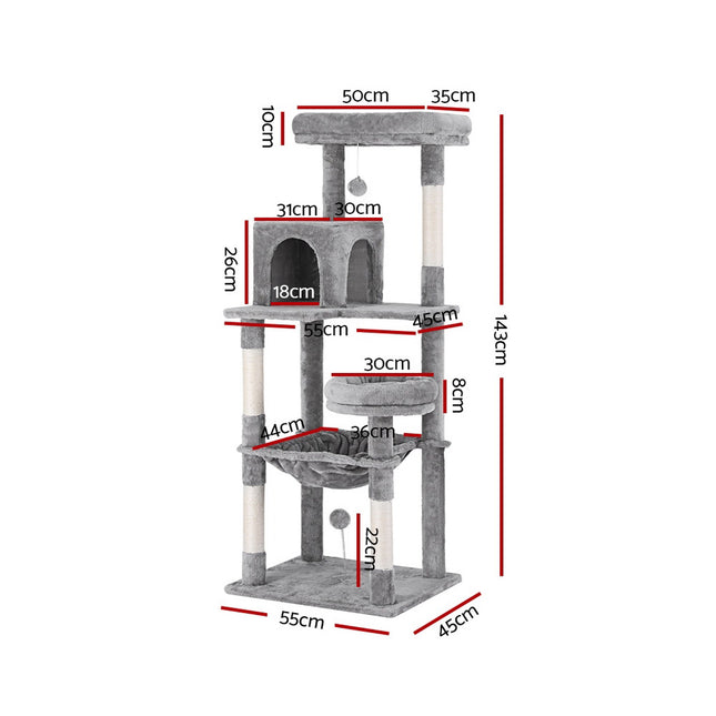 i.Pet Cat Tree Tower Scratching Post Scratcher 143cm Condo House Trees Grey 2