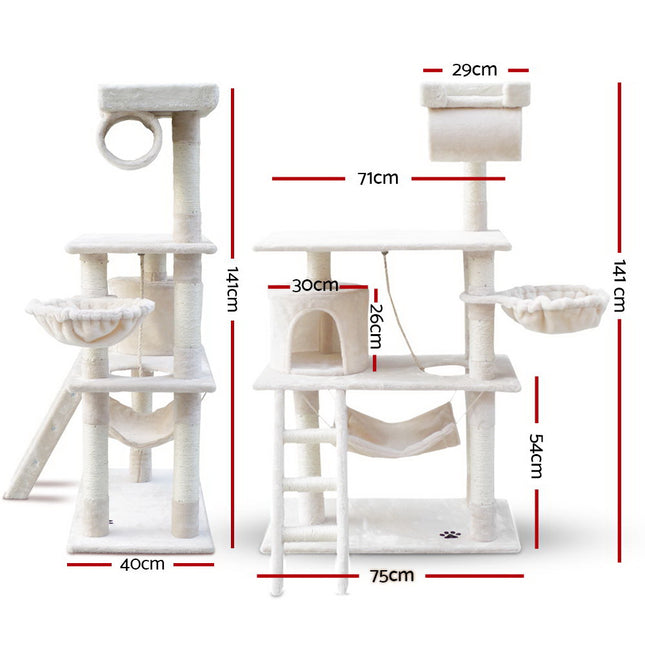 i.Pet Cat Tree 141cm Tower Scratching Post Scratcher Condo Wood House Bed Beige 2
