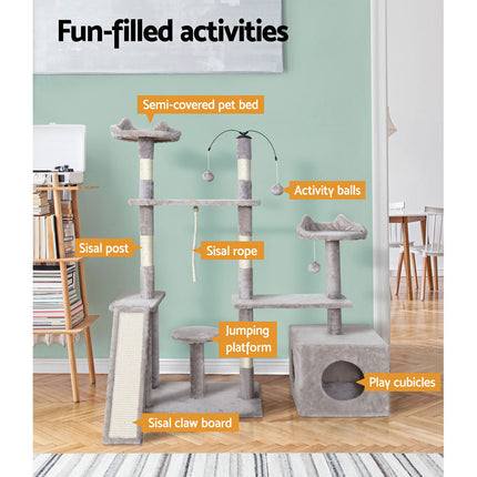 i.Pet Cat Tree 135cm Tower Scratching Post Scratcher Wood Condo House Toys Grey 4