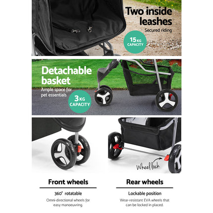 i.Pet Pet Stroller Dog Pram Cat Carrier Large Travel Pushchair Foldable 3 Wheels 6