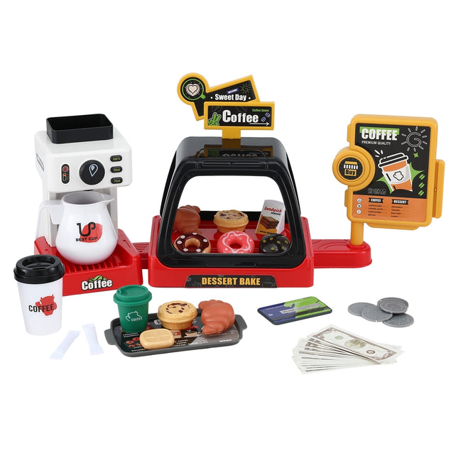 Keezi Kids Pretend Role Play Toy Coffee Shop with Coffee Maker Machine Play Money Food Tea Party Set 2