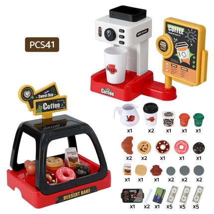 Keezi Kids Pretend Role Play Toy Coffee Shop with Coffee Maker Machine Play Money Food Tea Party Set 4