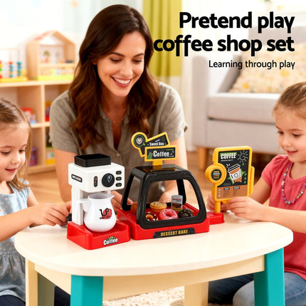 Keezi Kids Pretend Role Play Toy Coffee Shop with Coffee Maker Machine Play Money Food Tea Party Set 5