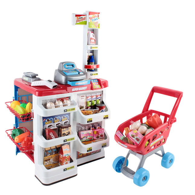 Keezi Kids Pretend Role Play Supermarket 24 Piece Playset Cash Register Trolley 2