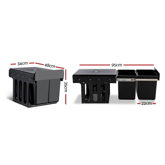Cefito Pull Out Bin Kitchen Double Basket 2X15L Black 2