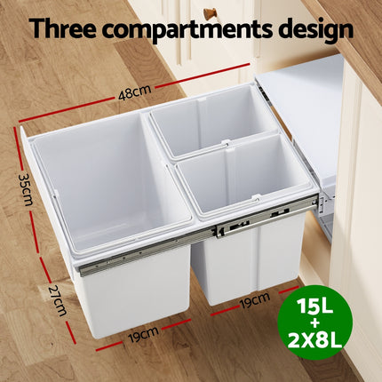 Cefito Pull Out Bin Kitchen Triple Slide Garbage Rubbish Bins Basket White 31L 4