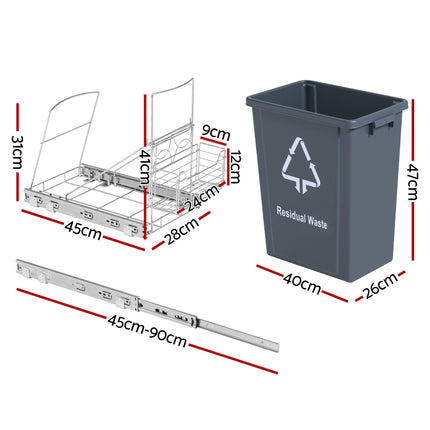Cefito Pull Out Bin Kitchen Cabinet Slide Garbage Rubbish Bins Basket 40L Grey 2