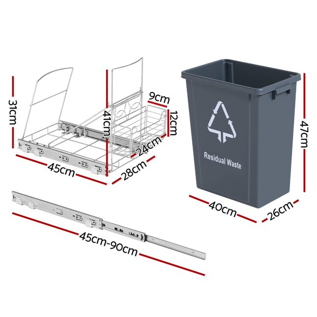 Cefito Pull Out Bin Kitchen Cabinet Slide Garbage Rubbish Bins Basket 40L Grey 2
