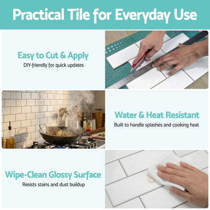 Artiss 3D Peel and Stick Wall Tiles Self Adhesive Subway Backsplash 10 Sheets, White 7