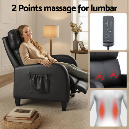 Artiss Massage Recliner Chair Small Recliner Sofa for Adults PU Leather Black 6