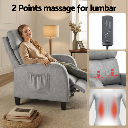 Artiss Massage Recliner Chair Small Recliner Sofa for Adults Fabric Grey 6