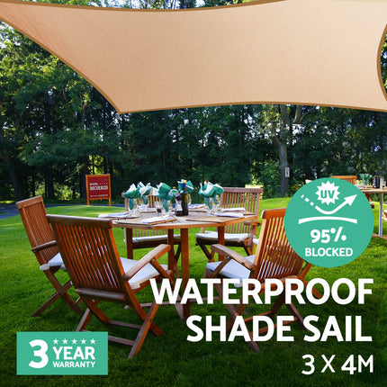 Instahut Waterproof Shade Sail 3x4m Rectangle Sand 95% Shade Cloth 7