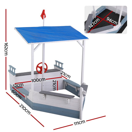Keezi Kids Sandpit Wooden Box Boat Canopy Flag Outdoor Toys Children Blue 2