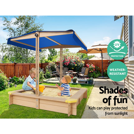 Keezi Kids Sandpit Wooden Sandbox Sand Pit with Canopy Bench Seat Toys 101cm 3