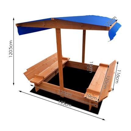 Keezi Kids Sandpit Wooden Sandbox Sand Pit with Canopy Foldable Seat Toys 120cm 2