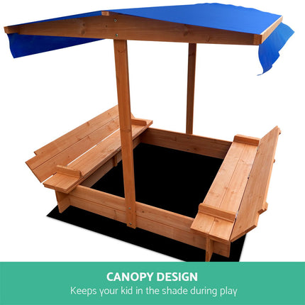 Keezi Kids Sandpit Wooden Sandbox Sand Pit with Canopy Foldable Seat Toys 120cm 3