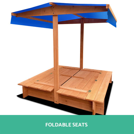 Keezi Kids Sandpit Wooden Sandbox Sand Pit with Canopy Foldable Seat Toys 120cm 4