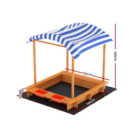 Keezi Kids Sandpit Wooden Sandbox Sand Pit with Canopy Water Basin Toys 146cm 2