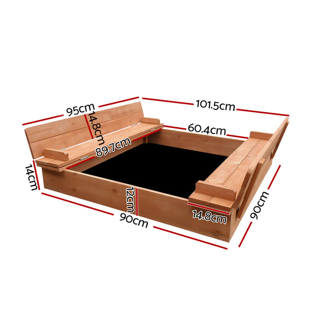Keezi Kids Sandpit Wooden Sandbox Sand Pit Foldable Seat Outdoor Beach Toys 90cm 2