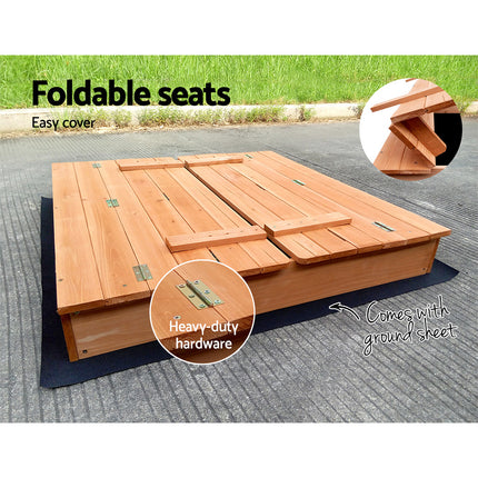 Keezi Kids Sandpit Wooden Sandbox Sand Pit Foldable Seat Outdoor Beach Toys 90cm 6