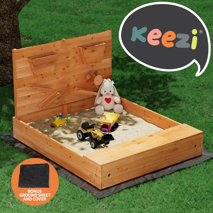 Keezi Kids Sandpit Wooden Sandbox Sand Pit with Cover Funnel Outdoor Toys 120cm 5