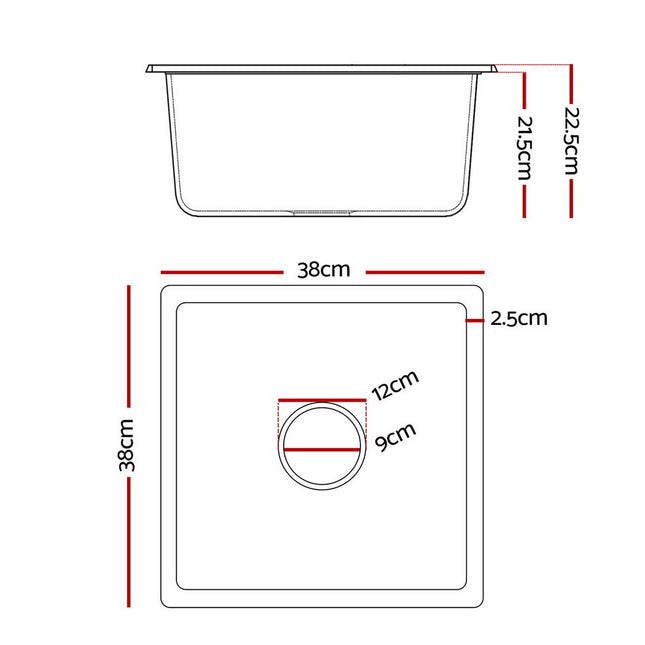 Cefito Kitchen Sink 38x38cm Granite Stone Sink Single Bowl Black 2