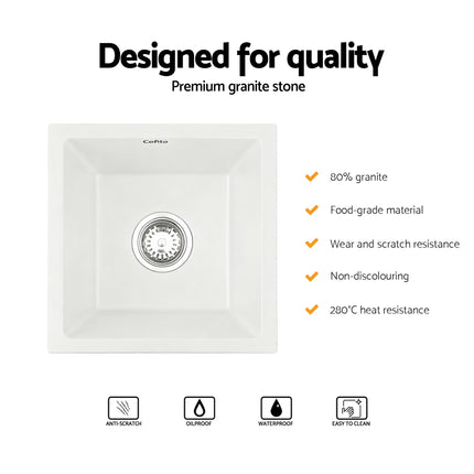 Cefito Kitchen Sink 38x38cm Granite Stone Sink Single Bowl White 4