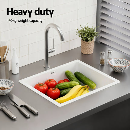 Cefito Kitchen Sink 38x38cm Granite Stone Sink Single Bowl White 5