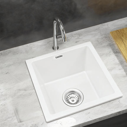 Cefito Kitchen Sink 38x38cm Granite Stone Sink Single Bowl White 7