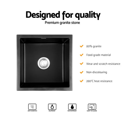 Cefito Kitchen Sink 45x45cm Granite Stone Sink Single Bowl Black 4