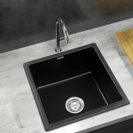 Cefito Kitchen Sink 45x45cm Granite Stone Sink Single Bowl Black 7