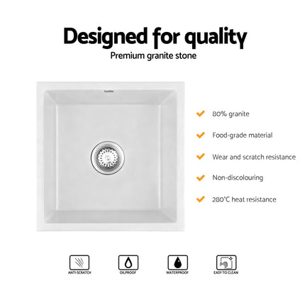 Cefito Kitchen Sink 45x45cm Granite Stone Sink Single Bowl White 4