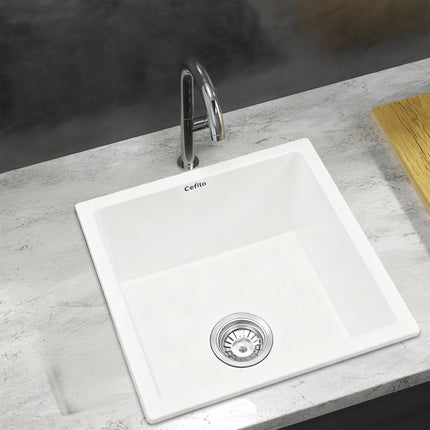 Cefito Kitchen Sink 45x45cm Granite Stone Sink Single Bowl White 7