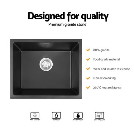 Cefito Kitchen Sink 55x45cm Granite Stone Sink Single Bowl Black 4