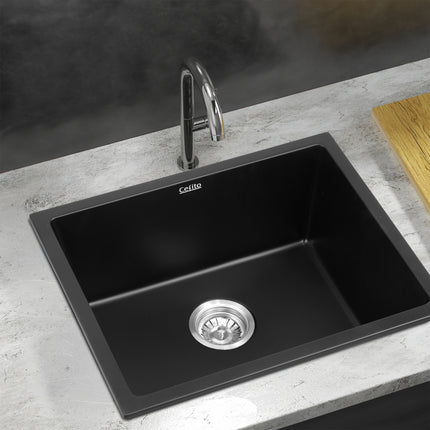 Cefito Kitchen Sink 55x45cm Granite Stone Sink Single Bowl Black 7