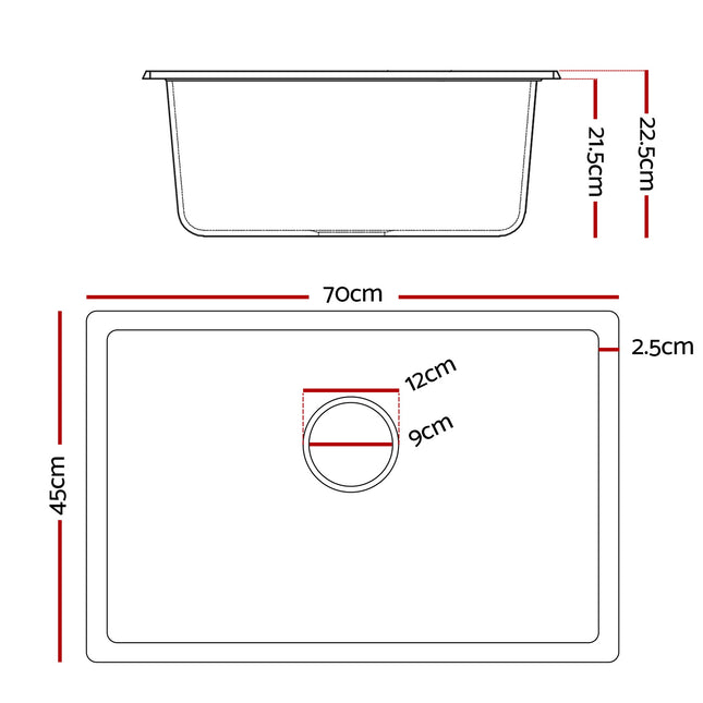 Cefito Kitchen Sink 70x45cm Granite Stone Sink Single Bowl Black 2