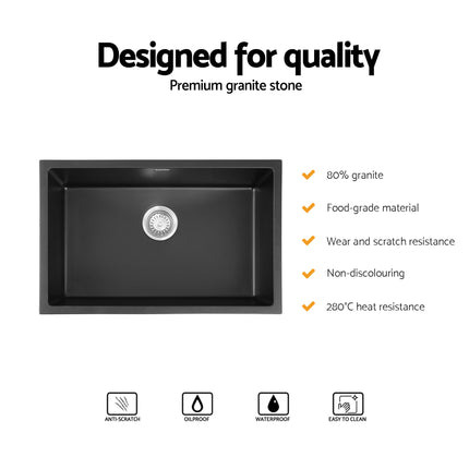 Cefito Kitchen Sink 70x45cm Granite Stone Sink Single Bowl Black 4